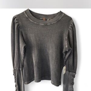 Free People Gray Ribbed Puff Sleeve Top nwt